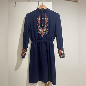 navy blue wool floral embroidered vintage dress / vintage 1960s dress